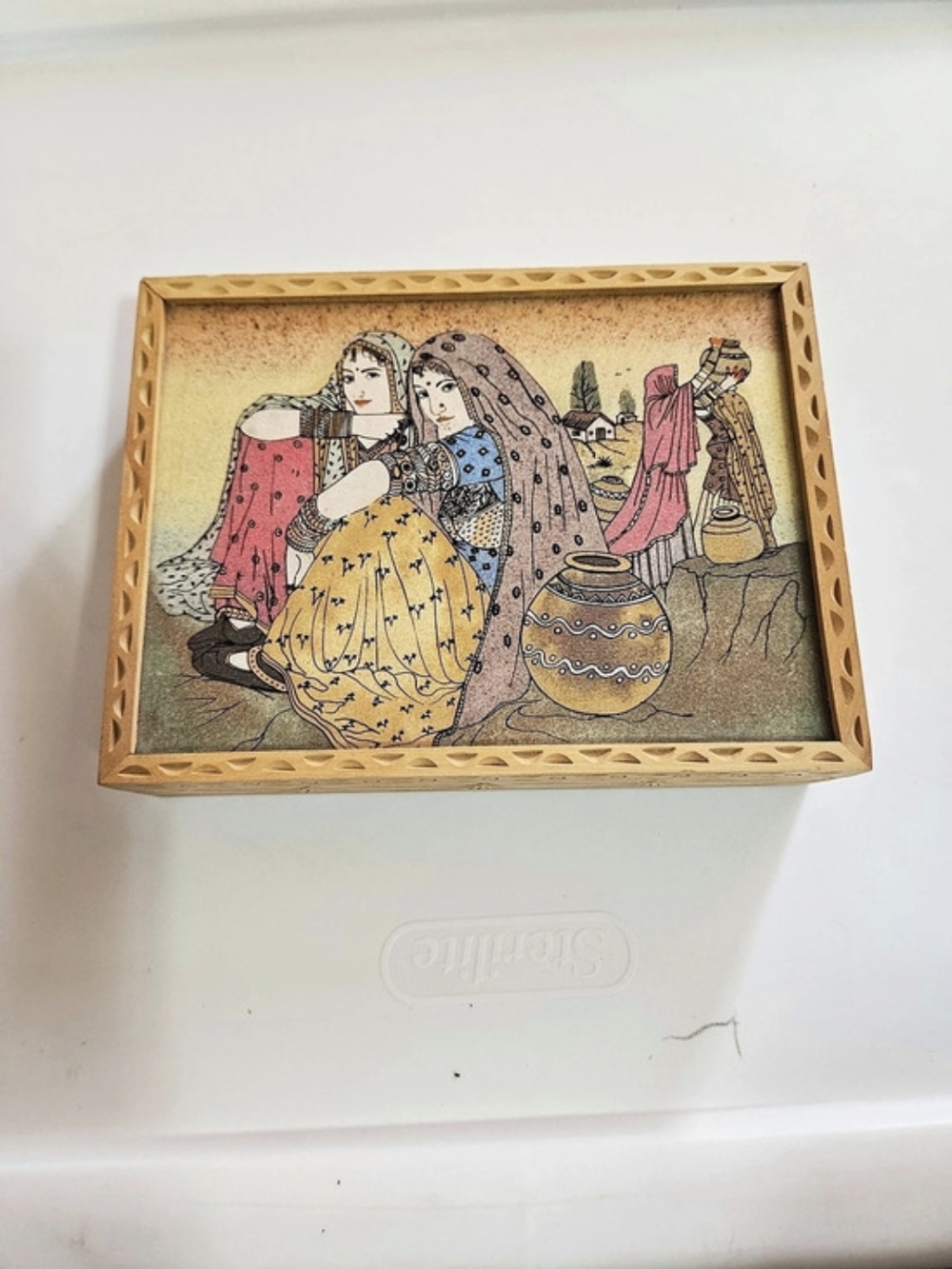 Decorative Vintage Wooden Trinket Box with Artwork